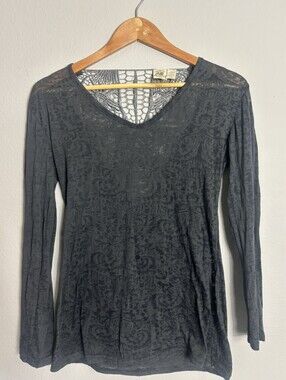 Ocean Blue OB Womens |XL| Y2K Gray Burnout Lace Inlay Long Sleeve Burnout Tee